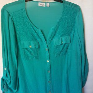 Kim Rogers 2X Blouse Turquoise Lace & Pockets NWT